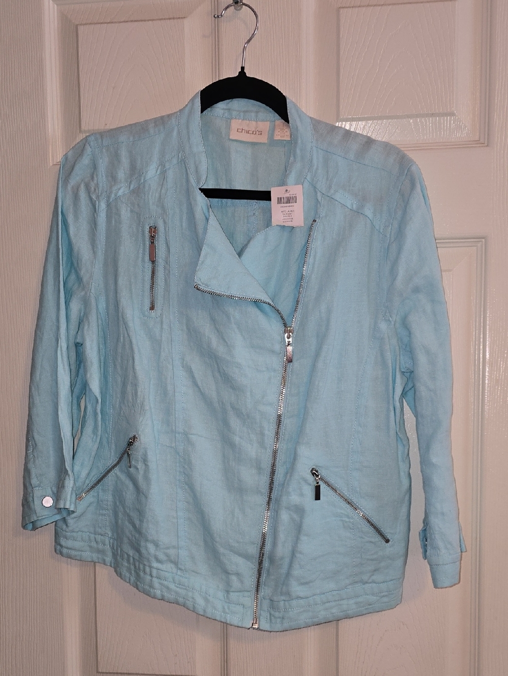 Chico's Pale Blue Asymmetrical Zip Moto Jacket